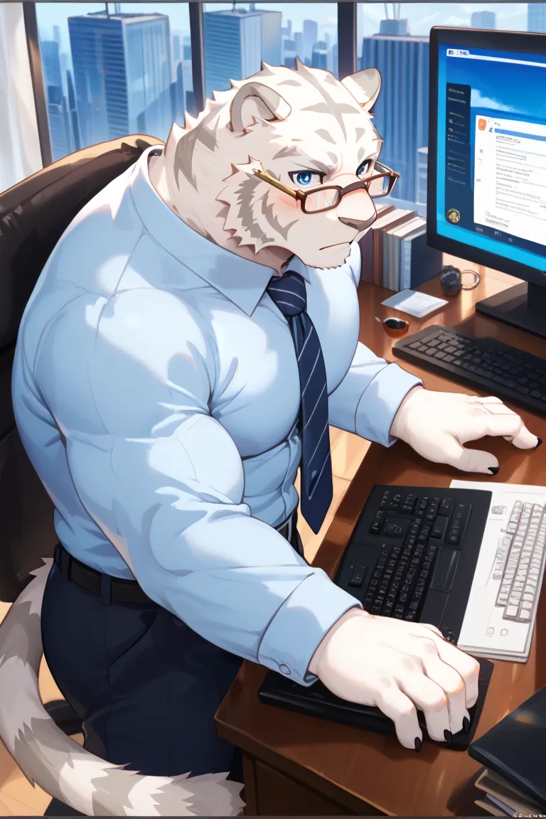 Zero Mercenaries,Mercenaries of the Evil One, Mammals,  white tiger, fur, Grey Nose,  blue eyes, male,  muscular, company,  office, View of a skyscraper from a window,desk work, Large desk,  computer,  keyboard, Typing, chair under a chair, suit, ビジネスsuit,...