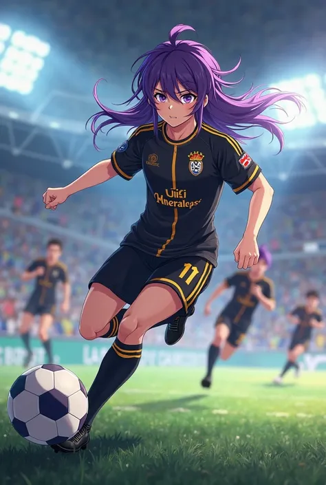 An anime-style soccer player, inspired by the art of *blue lock*. He has semi-long purple hair, with wicks that move dynamically while running. His eyes shine with an intense purple color, reflecting determination and focus. wears the uniform of the Ubers ...