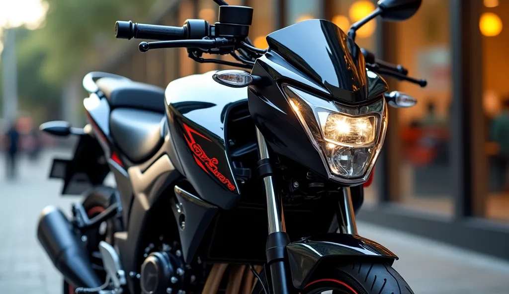 The relastic and futuristic, Bajaj Pulsar N125 in full luxurious showroom with modification , in polished black Shine color, the view with luxuries modification and on the number plate the 'Bajaj' are written