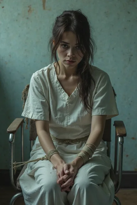 Play a woman sitting in a chair with her hands tied to the armrest of the chair in a psychiatric hospital 