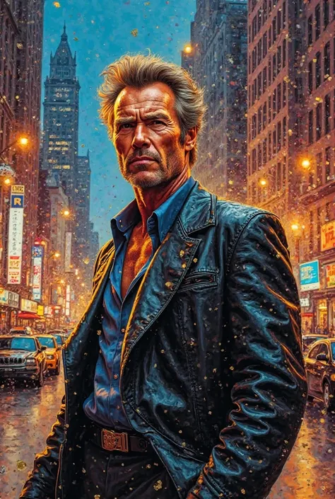 Adobe prompt

80s airbrush poster of Clint Eastwood in New York City, glitter and gold, in the style of artist Mark Riddick, colourful, hyper-realistic, detailed, vibrant, cityscape background, highly textured, removed text.