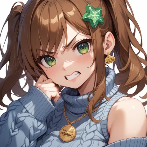 alone,nsfw,brown hair, green eyes、Highest quality, ultra detailed, illustrations,cute, knitted sweater,v-shaped eyebrows、angry、clenched teet、For、