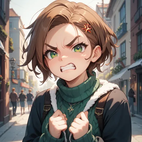 alone,nsfw,brown hair, green eyes、Highest quality, ultra detailed, illustrations,cute, knitted sweater,v-shaped eyebrows、angry、clenched teet、For、frustrated、clenched teeth