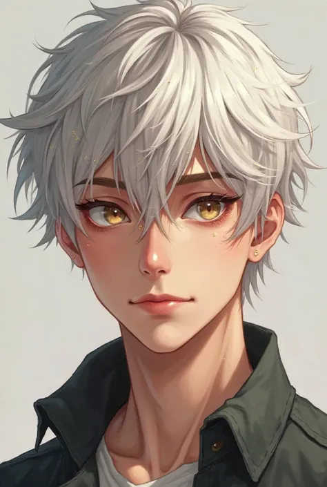 man.  almond eyes. Short and messy hair. White hair. bangs that fall on the forehead. perfectly profiled eyebrows. thin eyebrows. soft leather. Honey-colored eyes fair skin.  Beautiful facial features. detailed face. detailed eyes. general plane. realistic...