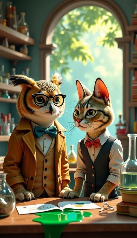 Draw a realistic picture of an owl wearing a typical professor's outfit in a treehouse lab. Then a MATURE MUSCLE cat wearing Dressed like a professor looking at a green liquid spill.