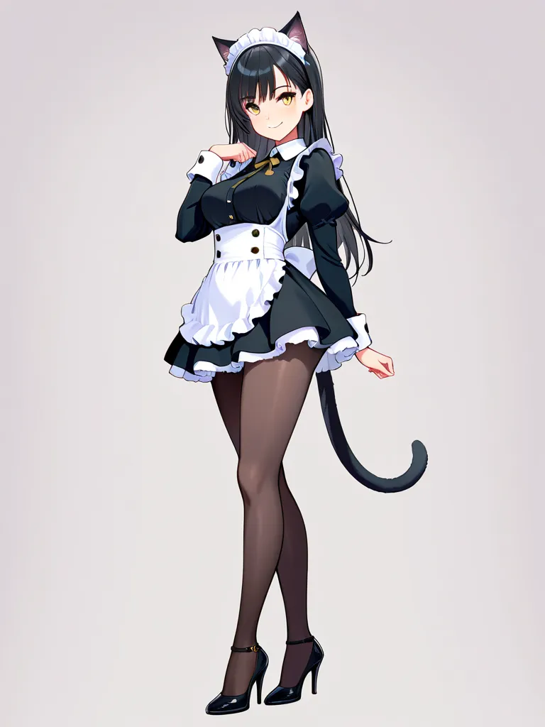 8k,masterpiece, best quality, ultra detailed, high resolution, super fine illustration, 1girl, solo, smile,yellow eyes, black hair, long hair,cat ears, cat tail, medium breasts, maid headdress, maid uniform,waist apron, frilled apron, miniskirt, pantyhose,...