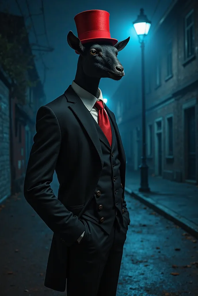 Black goat in a suit is a red top hat on an all-dark street under a pole with blue light just a pole with light realistic image realistic image image 