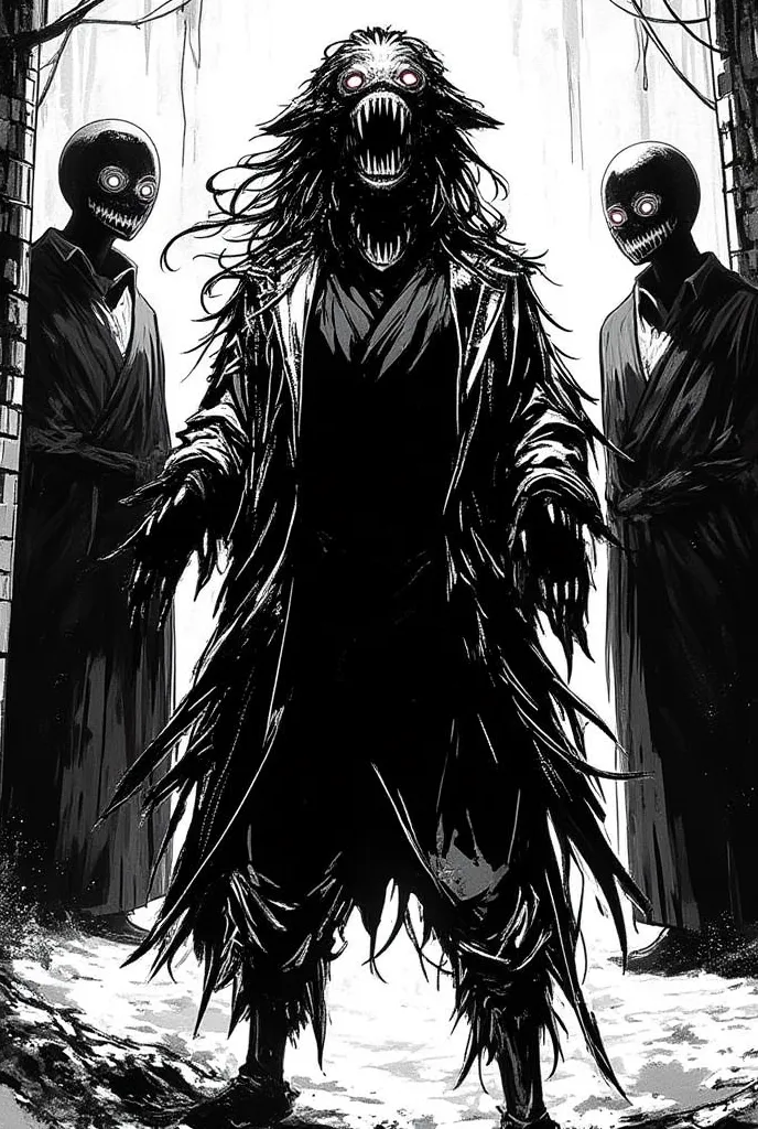 Half-werewolf with long hair fighting with 3 mobsters with a monster face, Manga style, black and white, comic style, Junji Ito's manga style, uncomfortable and disturbing, high contrast black and white with lots of shadows, retro anime, classic anime
