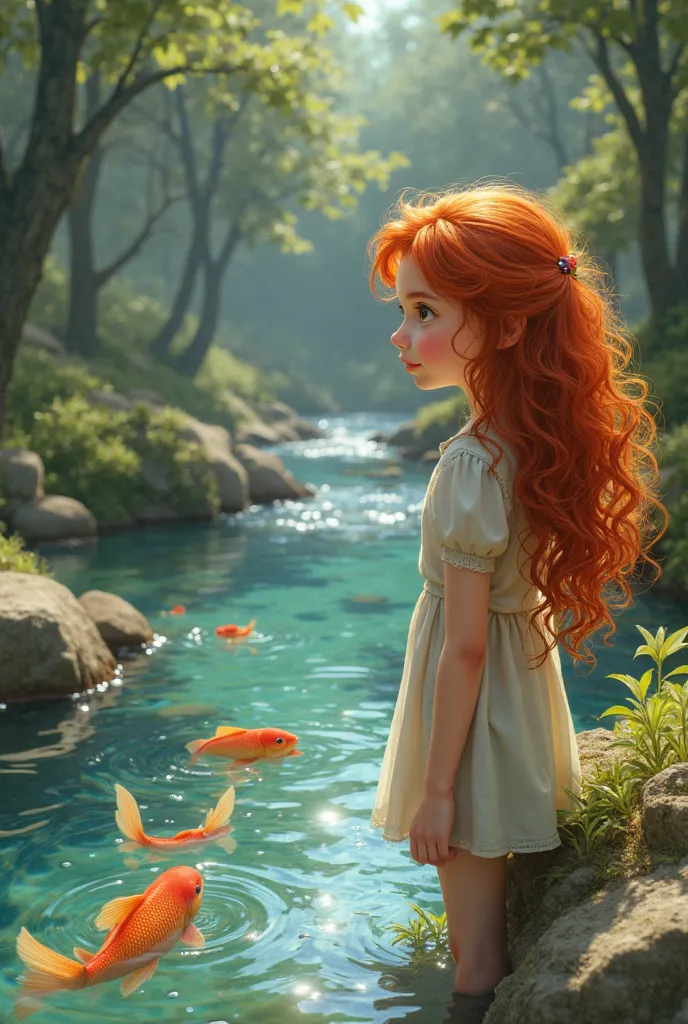 Heidi un jeune fille au long cheveux roux frisé et au yeux marron a coté d'un ruisseau dont les eaux cristallines coulaient avec une mélodie apaisante. Fish with golden scales swam merrily,