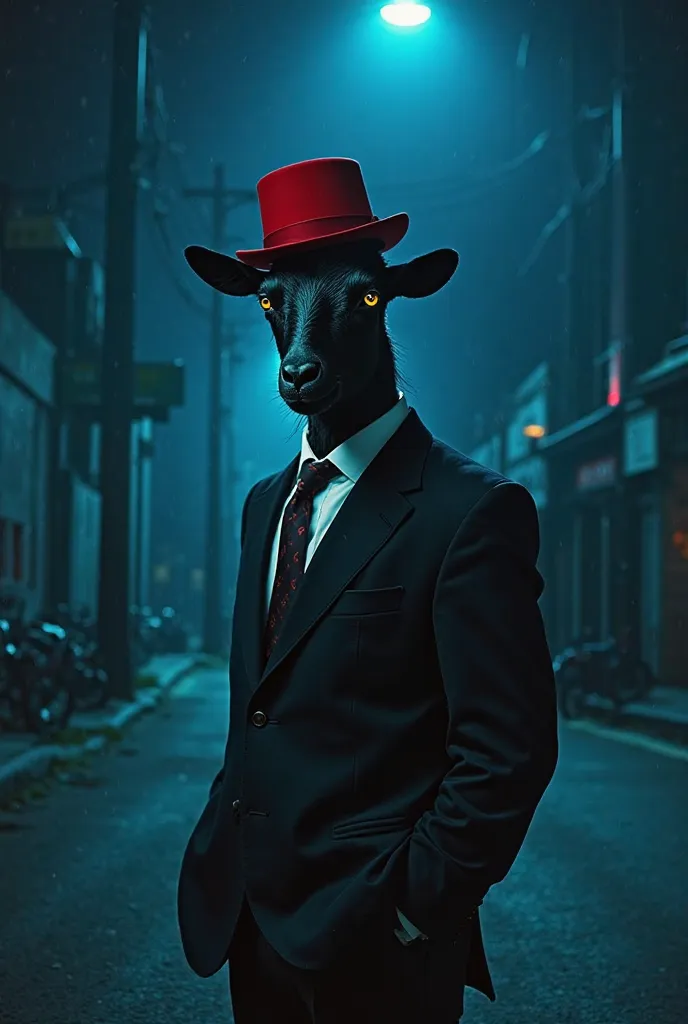 Black goat in a suit is a red hat on an all-dark street under a pole with blue light just a pole with light , Album cover realistic image realistic image 