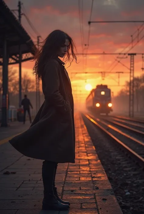 A dramatic scene of a young woman standing alone at a deserted train station, waiting for someone under the dim light of a setting sun. The sky is painted with vibrant oranges and purples, casting long shadows across the platform. She wears a long, flowing...