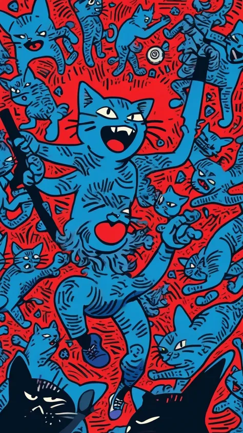 Keith Haring, girl focus, solo girl, curvy body, big breasts, messy hair, slit pupils, dark-blue sclera, red colored vinyl bodysuit, punk fashion, :3, back street, happy laughing, cat ear fluff, holding a baseball-bat, hunched over, feet out of frame, look...