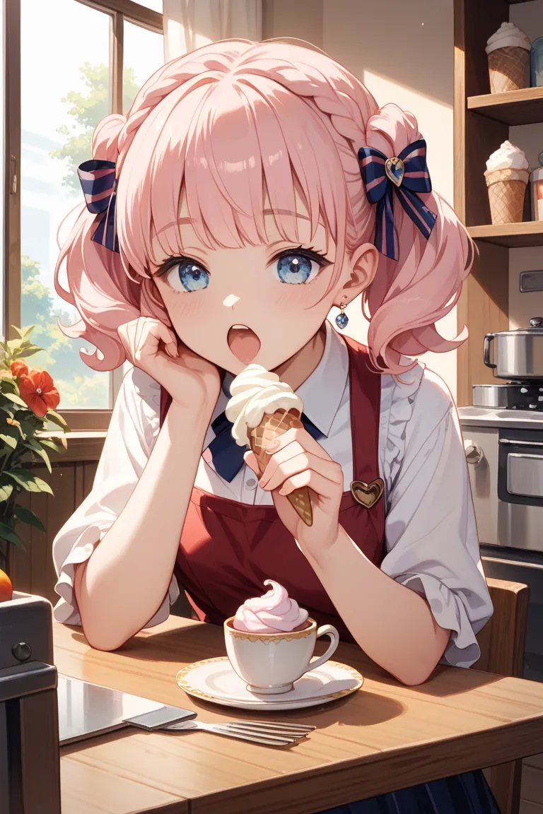 created with realistic images。staring at the ingredients for whipped cream while thinking about the finish of the parfait to make、in the kitchen of a dog cafe showing how、cafe au lait; a teacup poodle girl with a cute face is、whipped cream。 In this scene 、...