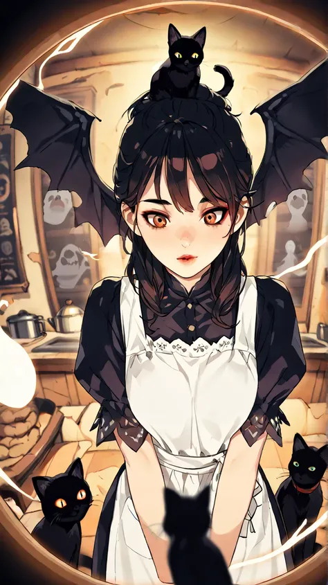 (top quality,  masterpiece, absurdity) sexy dark-haired woman , audio, magic진
, magic , Raised hair ,Red lips, Sensual lips,goddess, wings,  gentle expression , Soft atmosphere,  Warm colors ,black dress with white apron,black cat , Ghost ,The witch's kitc...