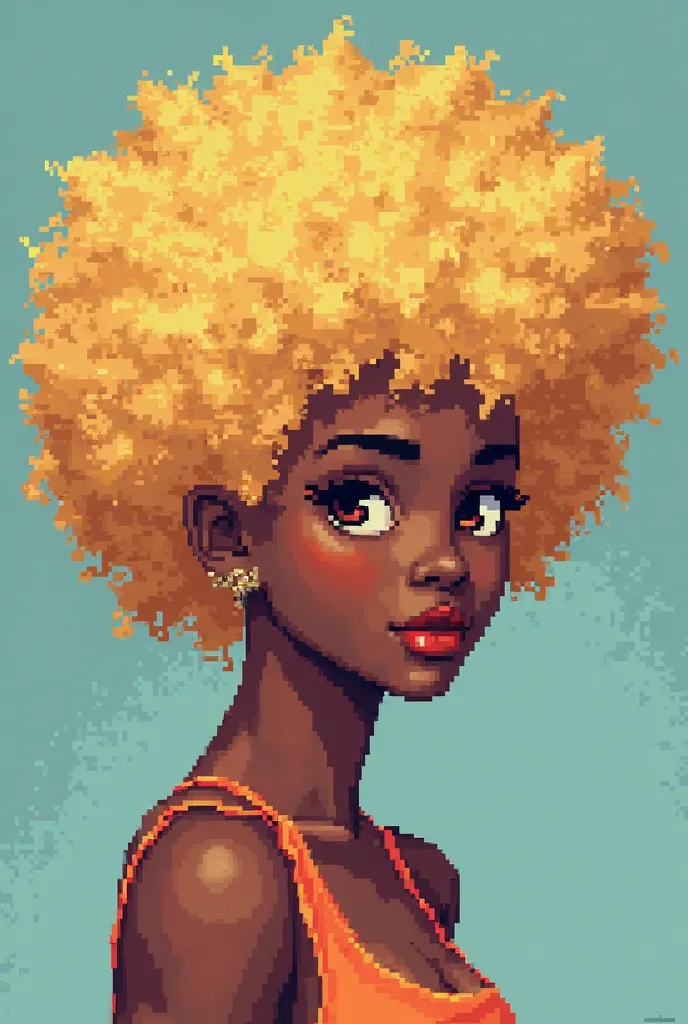 Create a pixel ART of a black girl with completely blond global afro hair 