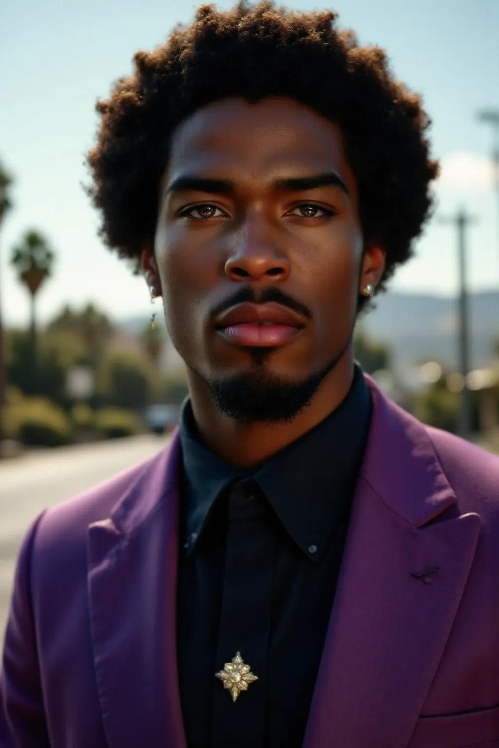 Handsome gorgeous African american male vampire prince in California detailed clothing, beautiful afro hair, high quality, defined, beauty, impeccable masterpiece purple tones, cinematic 