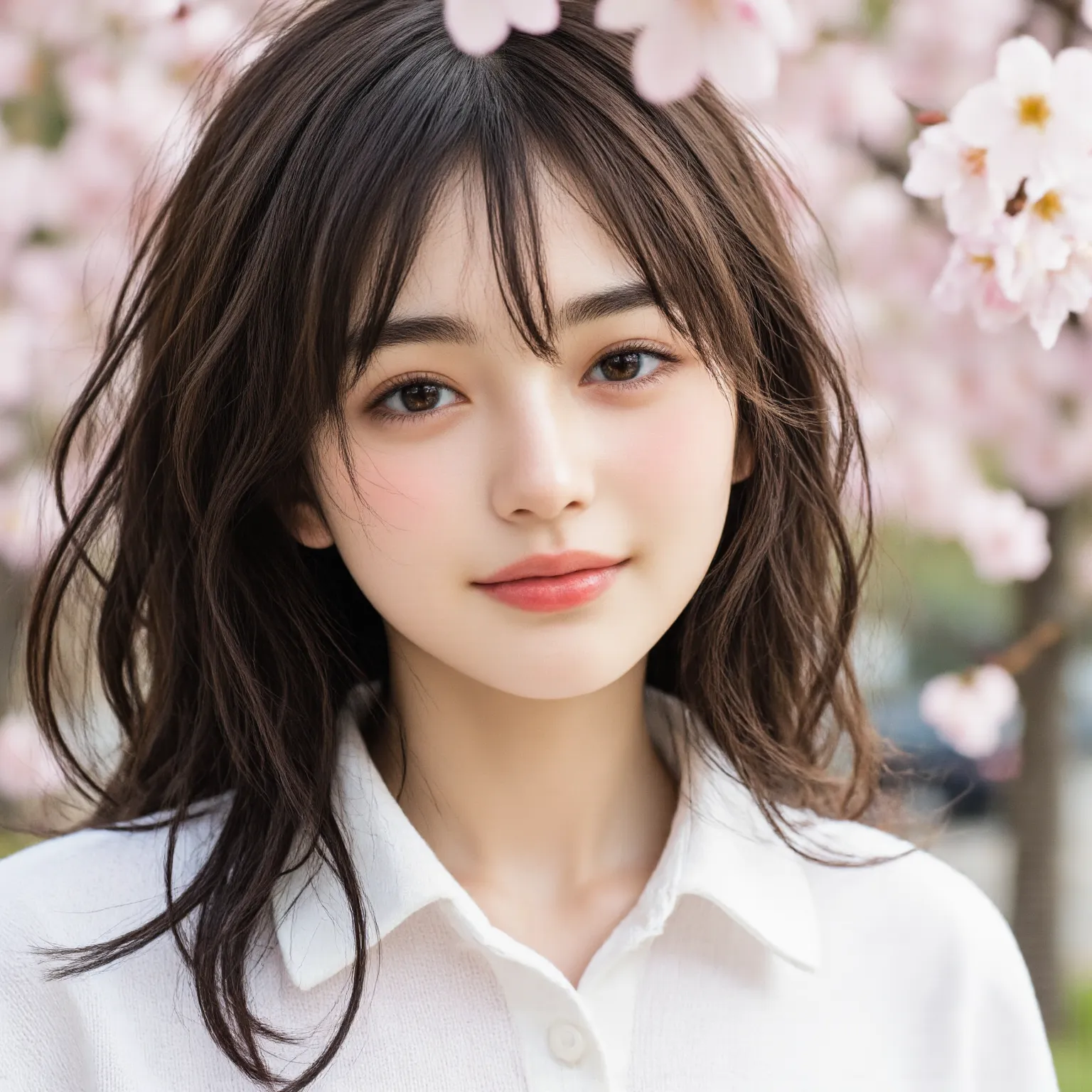 A young Japanese woman standing under cherry blossoms, smiling softly. She has wavy black hair and natural makeup. The photo is taken from a slightly higher angle, focusing on her delicate features and warm expression. The background is blurred with soft p...