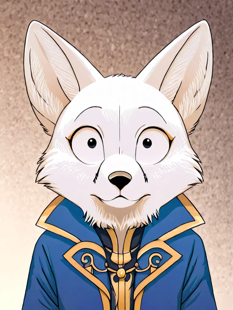 White furry fox, wearing a blue jacket,