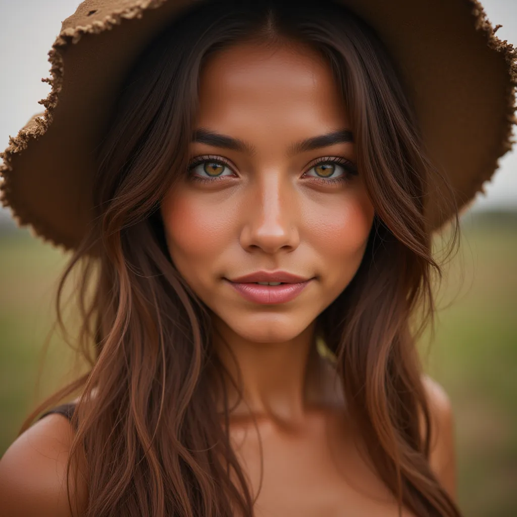 Create a photo of a beautiful Brazilian woman from Gaúcha Seios, brown hair, Dust Hat, 