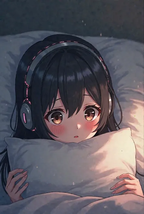 An anime girl wears a headset and hugs the pillow and cries 