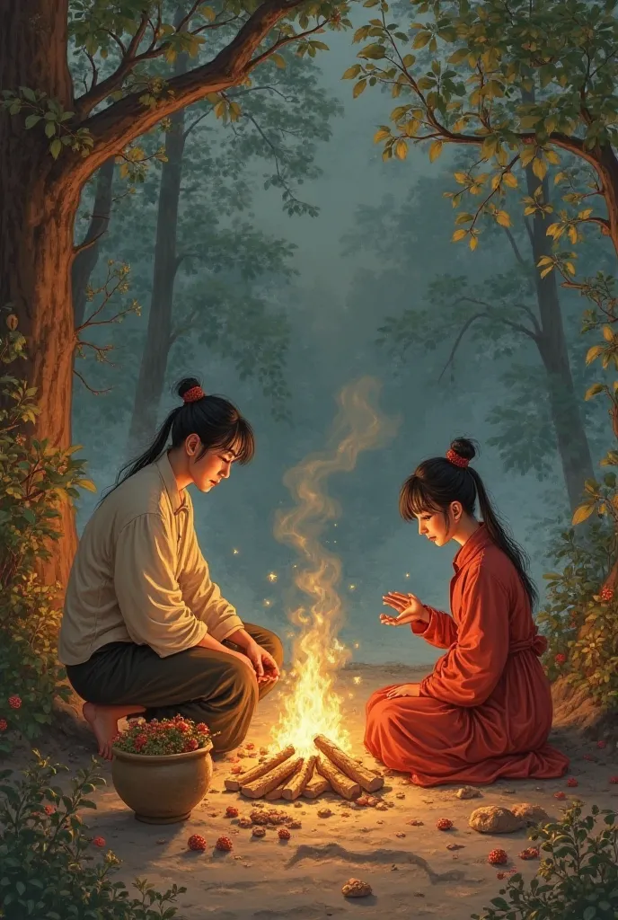 Draw a scene of Thuy Van and Thuy Kieu in the charming scene. The period of fashionable antiquity of that time.They were in their eighteen-twenties.  On a late evening afternoon when the whole family was asleep, only Thuy Kieu sat sobbing by the small fire...