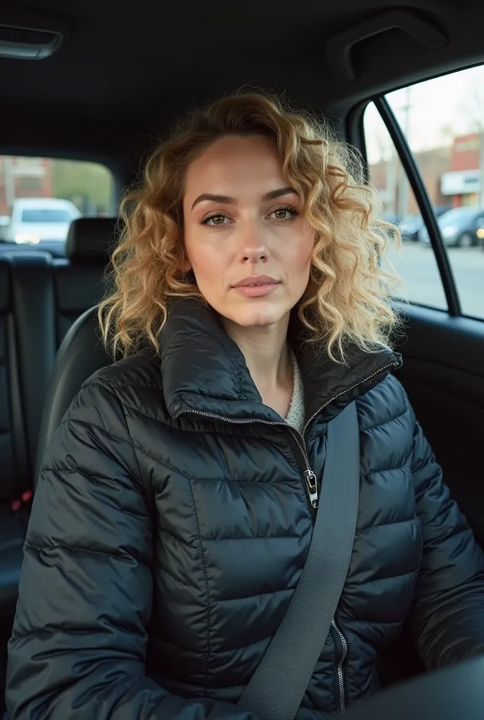 front view: we see a woman in her 30s sitting in a car,  in the driver's seat .  She has fair skin, brown eyes and curly blond hair, stylized with volume at the top.  Her face displays a calm expression . 

She wears a black quilted coat, typical for cold ...