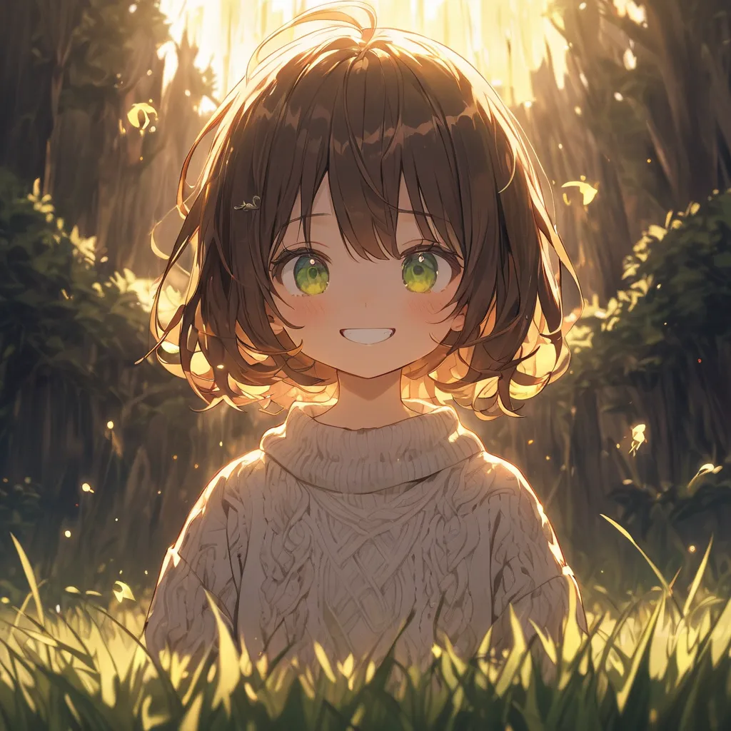 alone,nsfw,brown hair, green eyes、Highest quality, ultra detailed, illustrations,cute, knitted sweater,evil smile cruel smile wicked smile malicious grin