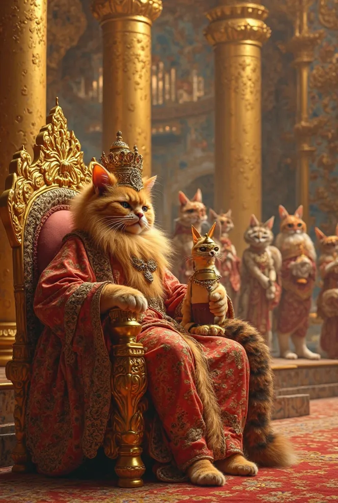 "A majestic orange fluffy cat, dressed as an ancient Burmese king, sits on an opulent golden throne inside a grand royal palace. He wears an intricately embroidered robe, a lavish golden headdress, and traditional jewelry, exuding power and grace. Holding ...