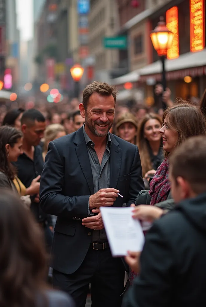 A man signing autographs from fans real picture 