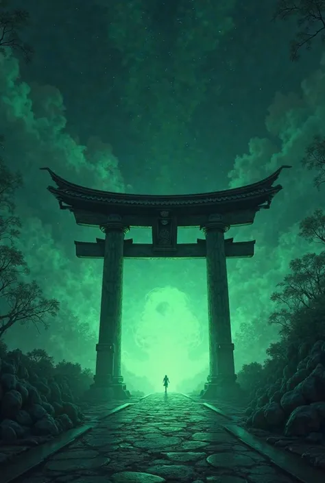 Make:Draw a Japanese Gate in the night with green aura