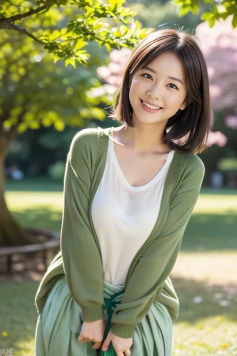 (8k, RAW photo, photorealistic, HQ, masterpiece, Brightly exposed photo), a cute Japanese woman, (glowing eyes), 
(smile), dark brown hair, (Casual spring outfit),  (in A vast fresh green parks:1.4),
blurred background, depth of field, natural lighting, 