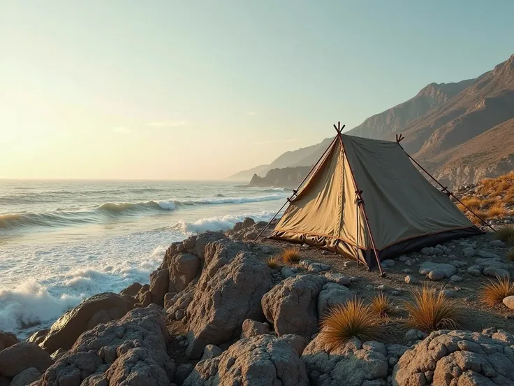 A camping tent perched on the edge of a rocky coast, overlooking the endless ocean horizon with waves crashing against the rocks below, and a bright, clear sky above.