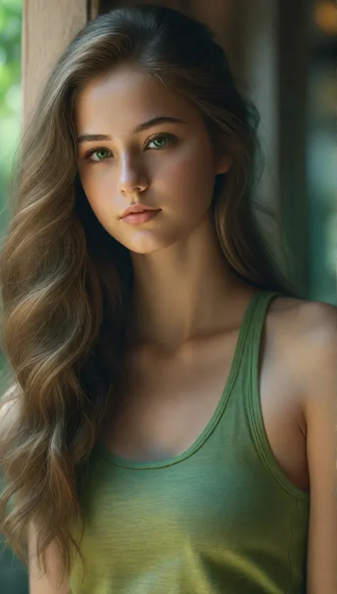 full body image of **************** girl, beautiful detailed eyes, extremely detailed face and features, long eyelashes, long flowing hair, ( out), with Green Tank Top, neighbohood, natural lighting, cinematic composition, highly detailed, photorealistic, ...