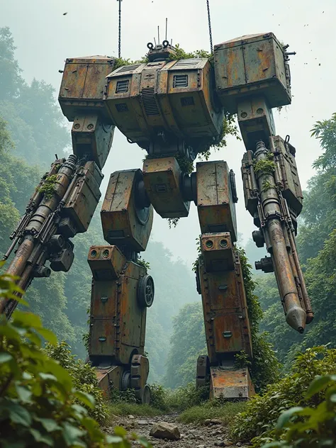 A rusty Dreadnought robot in a abandoned thick jungle with wildlife, rusty, Big Guns, Chainsword, 60 Meters Height, Heavily armored, Heavy armor plating