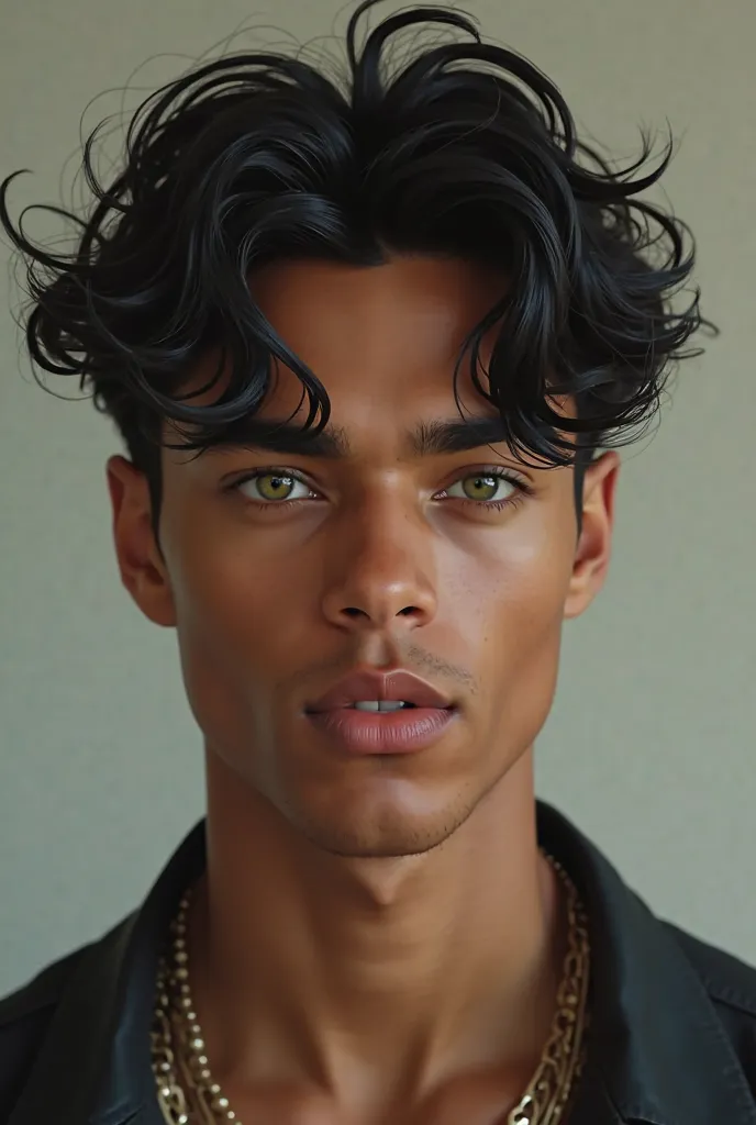 19-year-old man, beautiful , high, mulatto, with black hair and light green eyes.