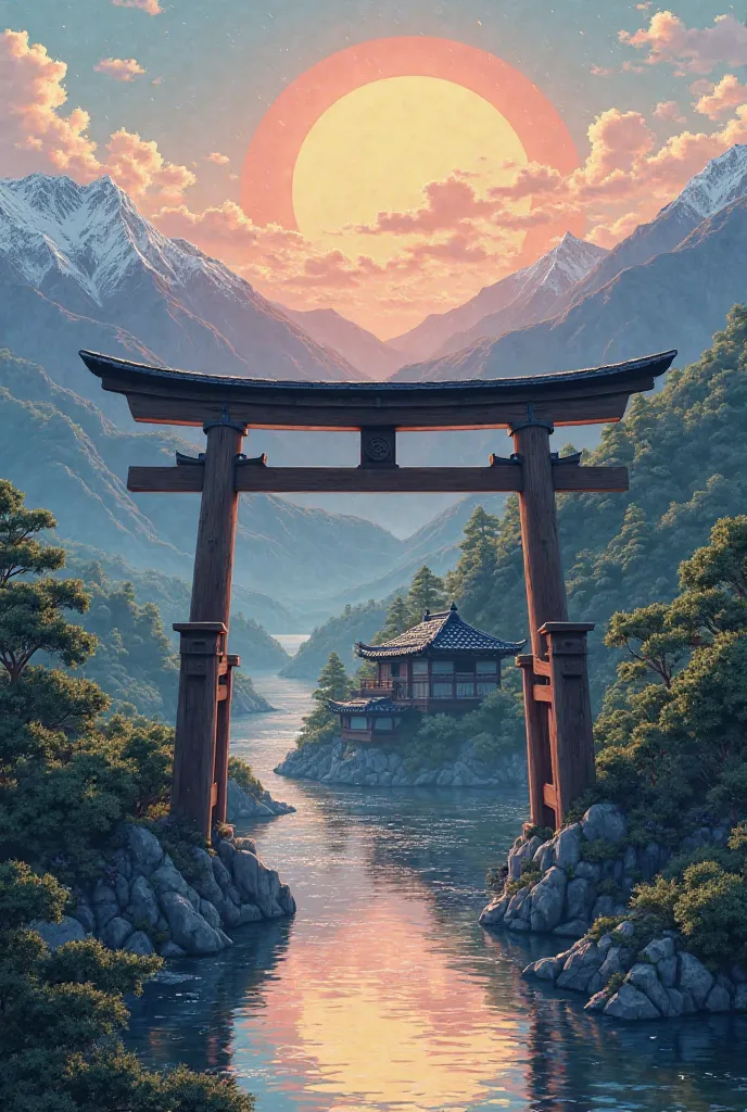 Now make a Japanese Gate with the Japanese house in Edo period with mountains and rivers with the sun rising up with a perfect view