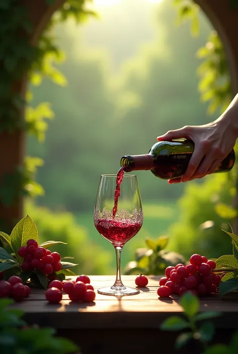 Creat an image in which the wine is putting into the Glass and in the background show Greenery 