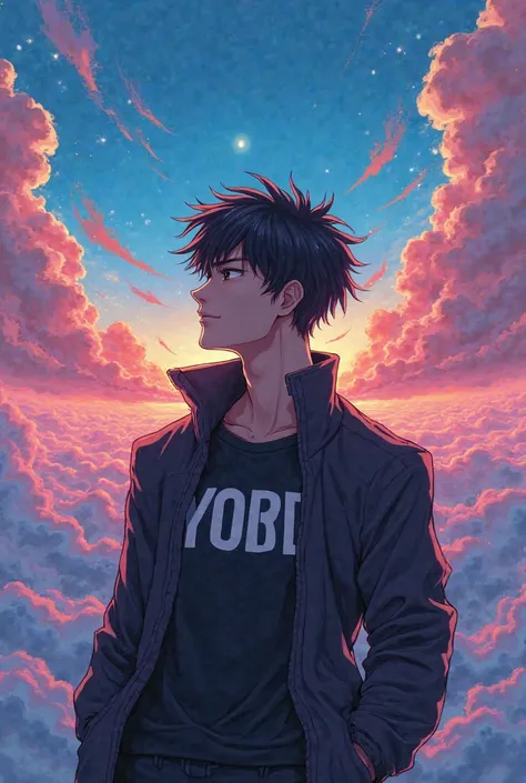 Create 5 images of a man looking over the anime horizon that my name YORDI appears on his clothes 