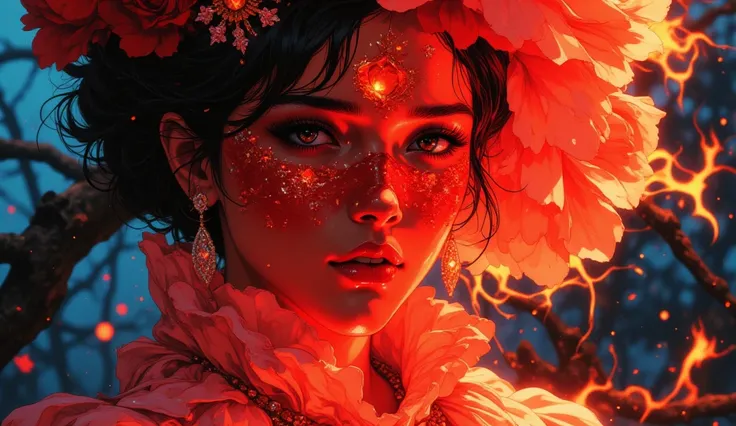  High quality, 8K ultra HD, Una hermosa MUJER DE NOCHE  double exposure que combina una silueta de mujer con unA diamantes,  the rose should serve as a backdrop,  with its details incorporated into the woman , sharp lines, The background is fire,   sharp f...