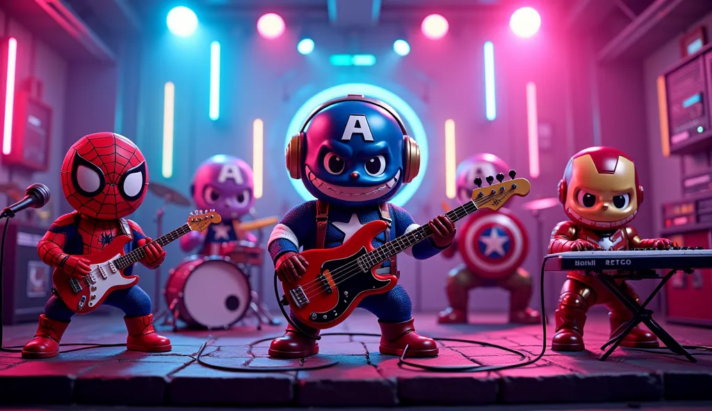 A vibrant thumbnail featuring five dynamic Labubu Cute characters performing energetically on stage—Labubu Cute Spiderman on electric guitar, Labubu Cute Hulk on drums, Labubu Cute Captain America on keyboard, Labubu Cute Thanos on bass, and Labubu Cute Ir...