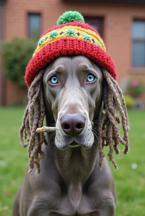 A gray weimaraner with blue eyes, with a lawn and brick house and a half-cane mat fence, that the dog has dreadlocks and a winter hat with rastafari colors like dreadlocks and a marijuana plant, and smoking a joint. In El pinar Uruguay