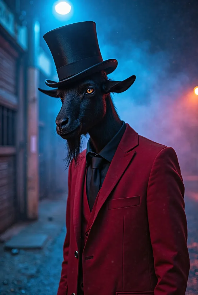 Black goat in a red suit is a top hat covering one eye on an all-dark street under a pole with blue light just a pole with light , Neon colored smoke background, Album cover realistic image realistic image 