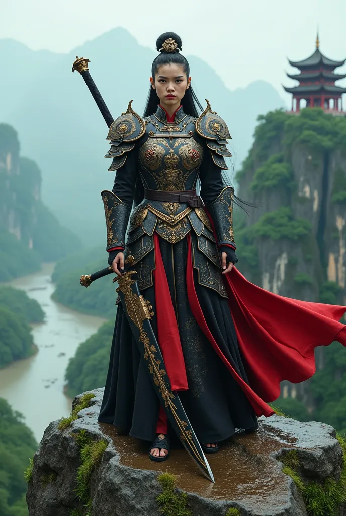 Close up,Front view of the black mythical film character Wukong, a young women and beautifull knight, wearing a colossal and epic Chinese battle armor, a combination of black, red and gold, carrying a magical black and red sword, standing watching looking ...