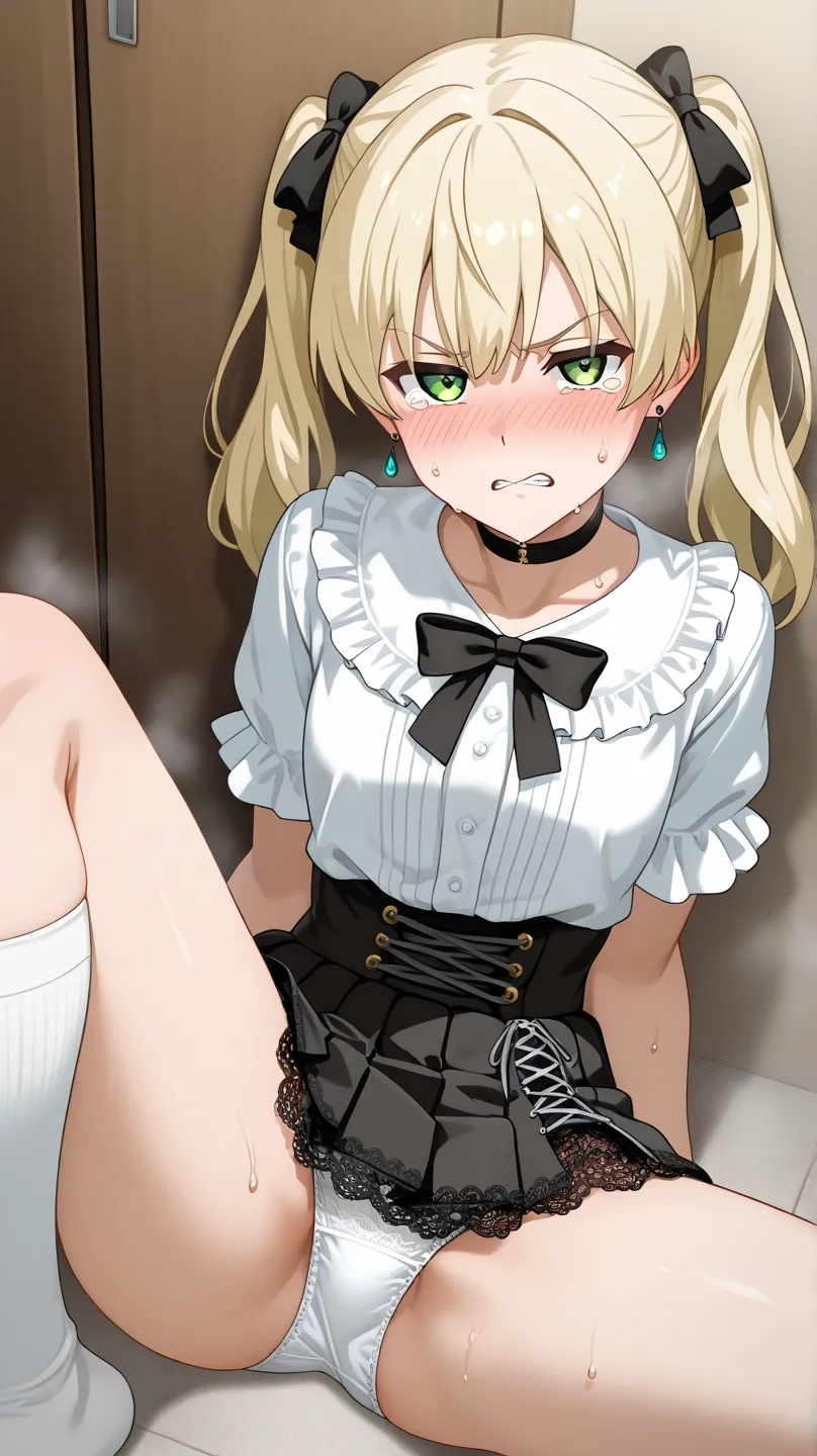 Score 9, score up 8,  score increased by 7, Source: Anime ,Explicit evaluation,break, 1 girl,Saori Eto, rice,twin tails from above,Blonde Hair, middle hair, green eye, earrings,high quality, details, beautiful eyes in every detail, (Hi-Res:1.2), 4K, offici...