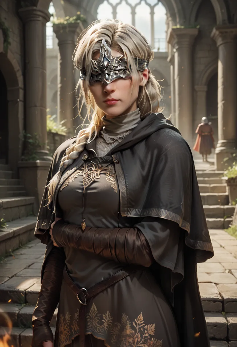 score_9,score_8_up,score_7_up, 2d,anime,firekeeper,  dark souls \(series\) ,platinum blonde hair, single braid, black dress, blindfold, capelet