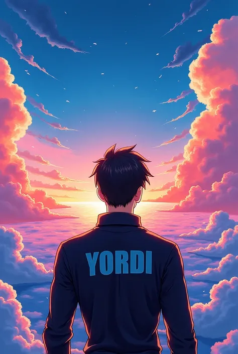 Create 5 images of a man looking over the anime horizon that my name YORDI appears on his clothes 