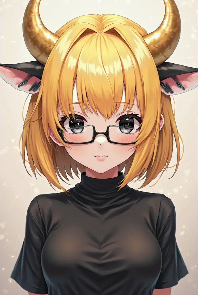 An anime girl with blond hair and black eyes and a black shirt and has gold horns and white horns with black glasses and a black shirt