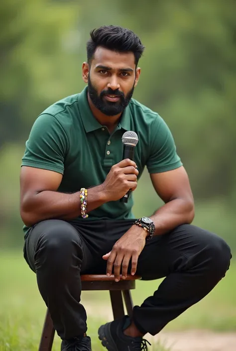 "A highly detailed, ultra-realistic portrait of a muscular Indian man sitting on a stool outdoors, speaking into a professional microphone. He has short black hair, a well-groomed beard, and a confident expression. He is wearing a fitted green polo shirt, ...