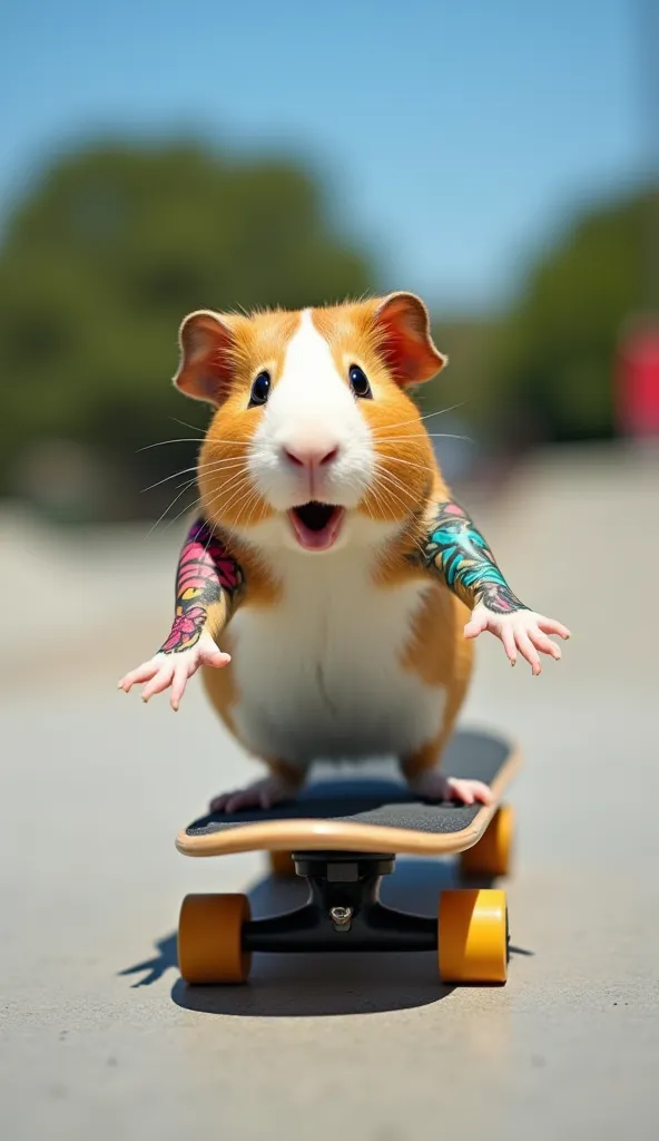 
"A guinea pig skateboarding on a skatepark outdoors, with a fun and lively style. The guinea pig has colorful and creative tattoos on its arms and back, featuring vibrant, modern designs. The scene is full of color, with trees and a clear blue sky in the ...