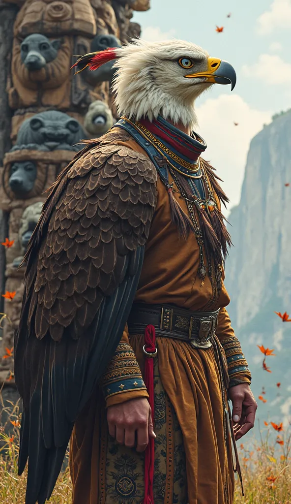 Criar um índio americano com um Eagle em sua cabeça e sua roupa com penas de Eagle, Behind a totem with the power animals bear, Eagle, Wolf and buffalo. In the background a cliff and leaves in the wind 